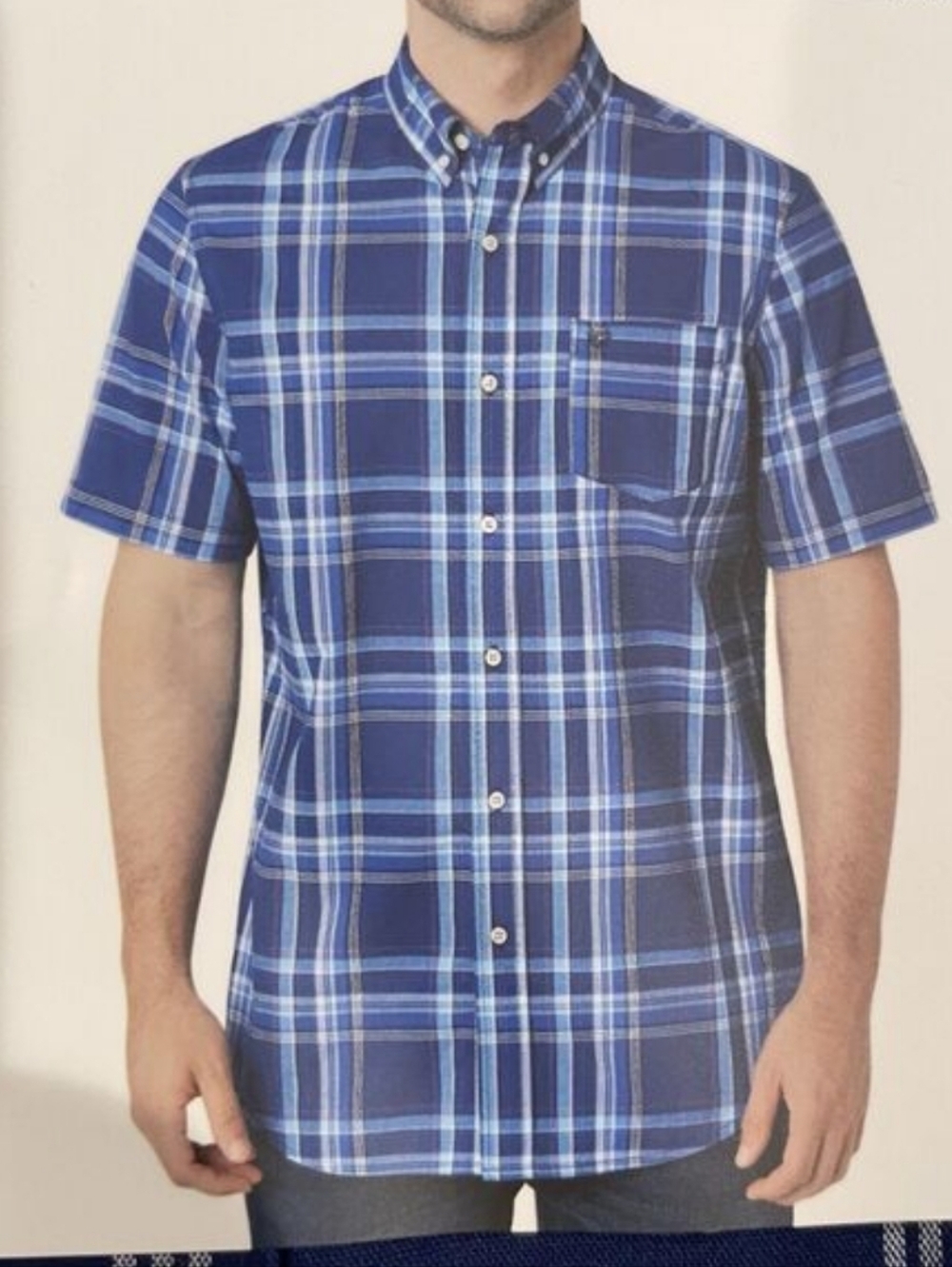 NWT, Men's Chaps Short Sleeve Button Down Easy Care Shirt Blue, Plaid,